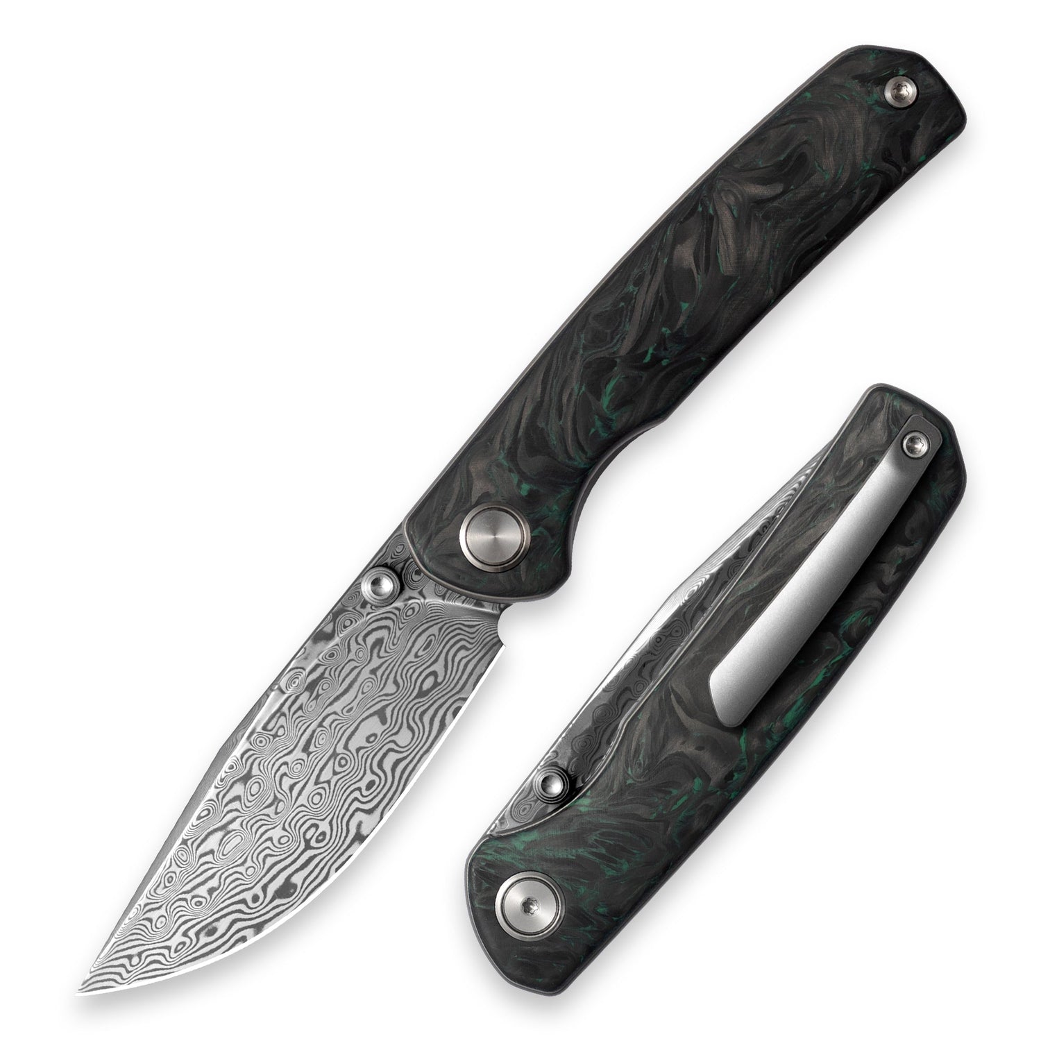 M070-DS Folding Knife(3.07''+Damascus+Carbon fibre)-Liner Lock-thumb stud-OLITANS