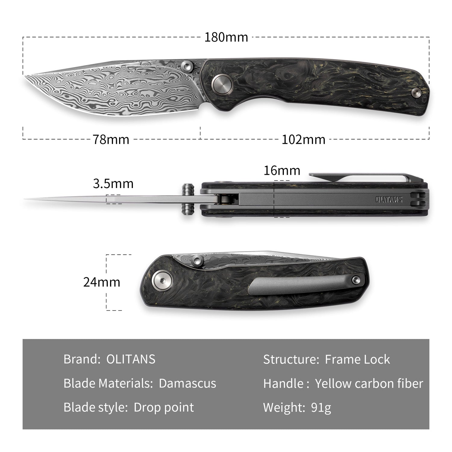 M070-DS Folding Knife(3.07''+Damascus+Carbon fibre)-Liner Lock-thumb stud-OLITANS