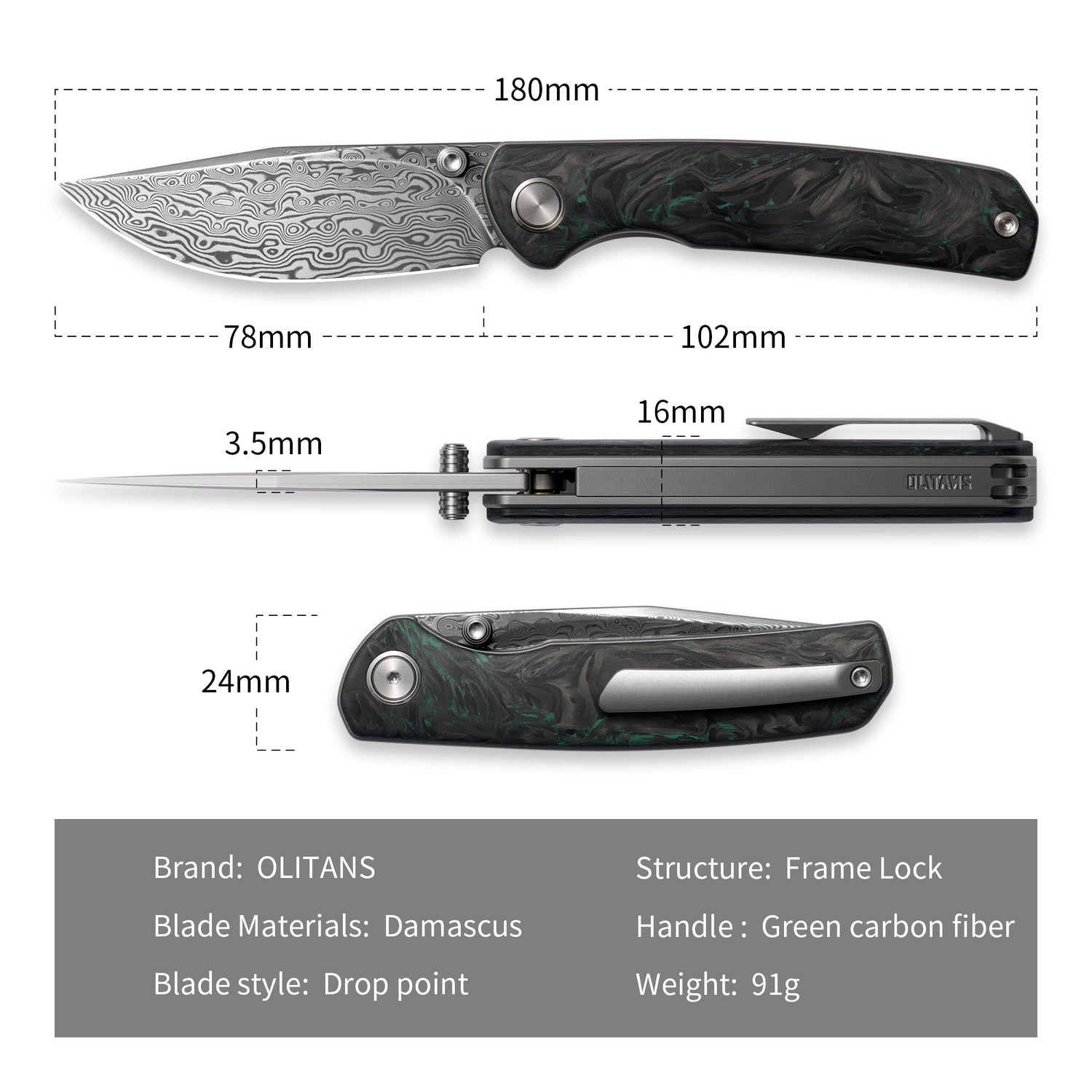 M070-DS Folding Knife(3.07''+Damascus+Carbon fibre)-Liner Lock-thumb stud-OLITANS
