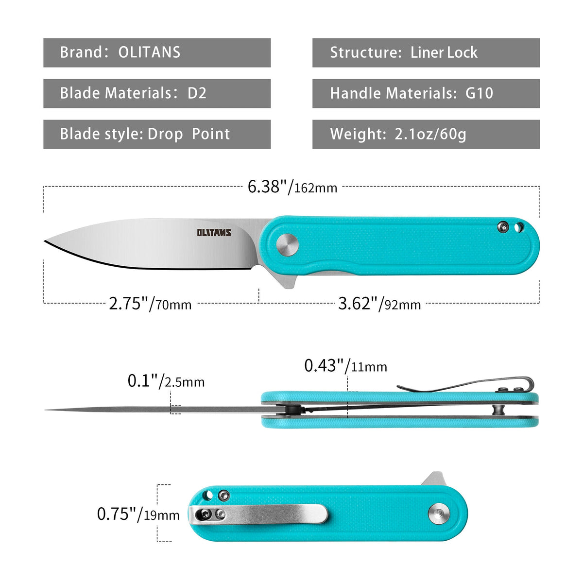Rocket G040 (2.75''+D2+Cyan G10)-Liner Lock-Flipper