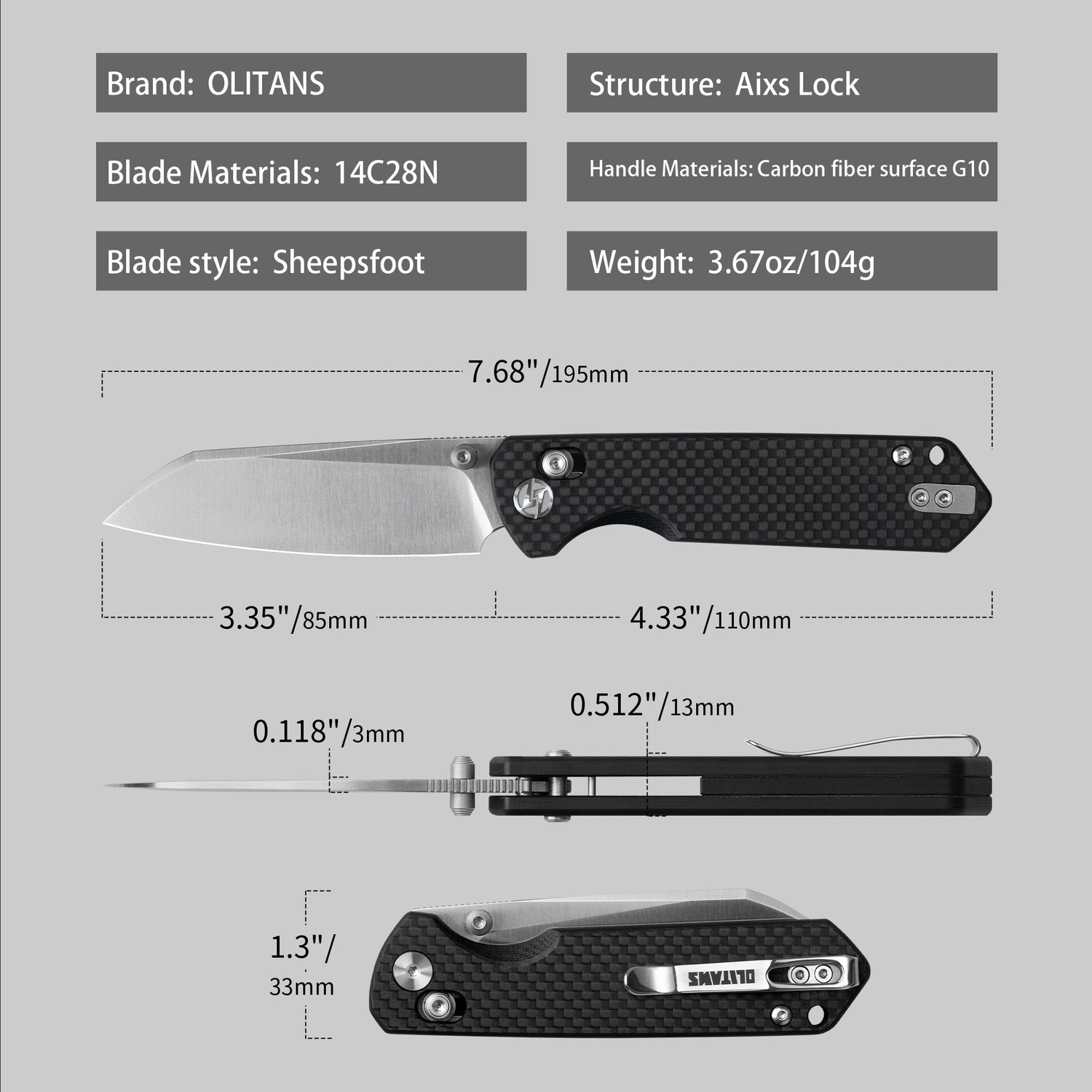 King Penguin G062 Folding Knife (3.35''+14C28N+Carbon fiber surface G10 Handle)-Crossbar Lock-Thumb Stud-Olitans