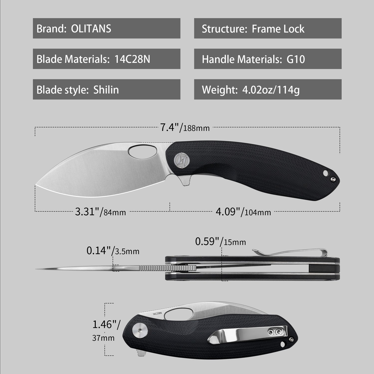 Blade and handle measurements – G064 black + satin