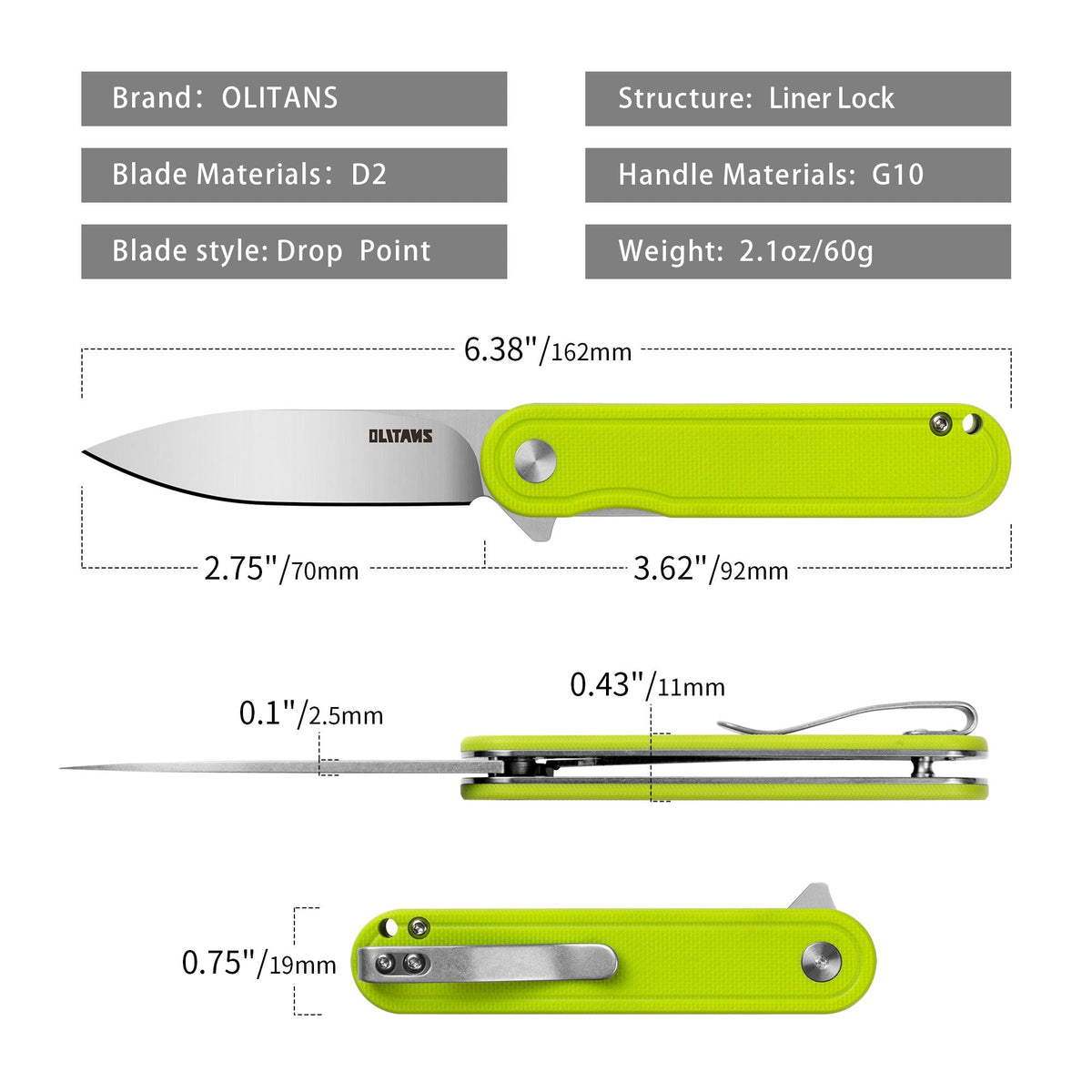 Rocket G040 (2.75''+D2+Neon Green G10)-Liner Lock-Flipper