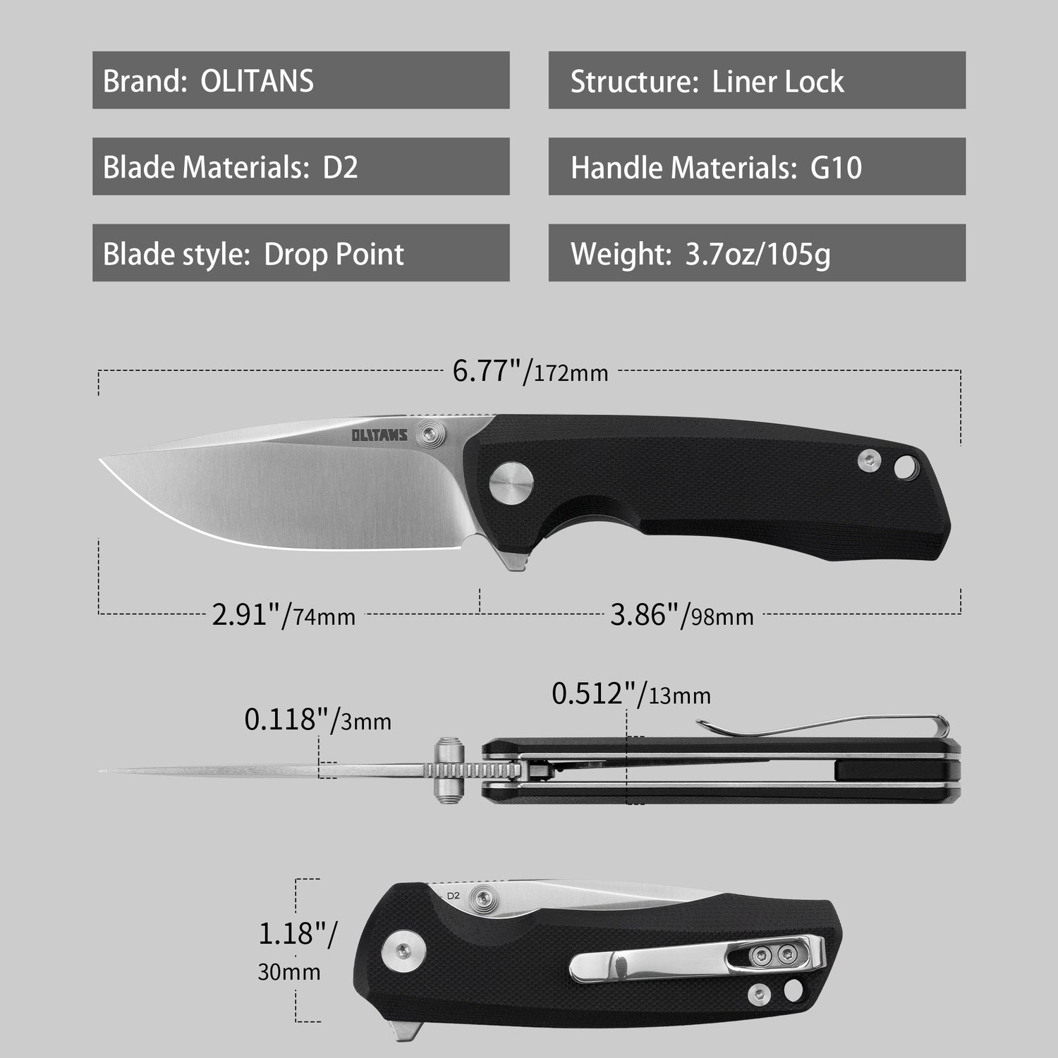 Bomber G061 Folding Knife ( 2.91''+D2+G10 )- Liner LOCK-THUMB STUD-OLITANS