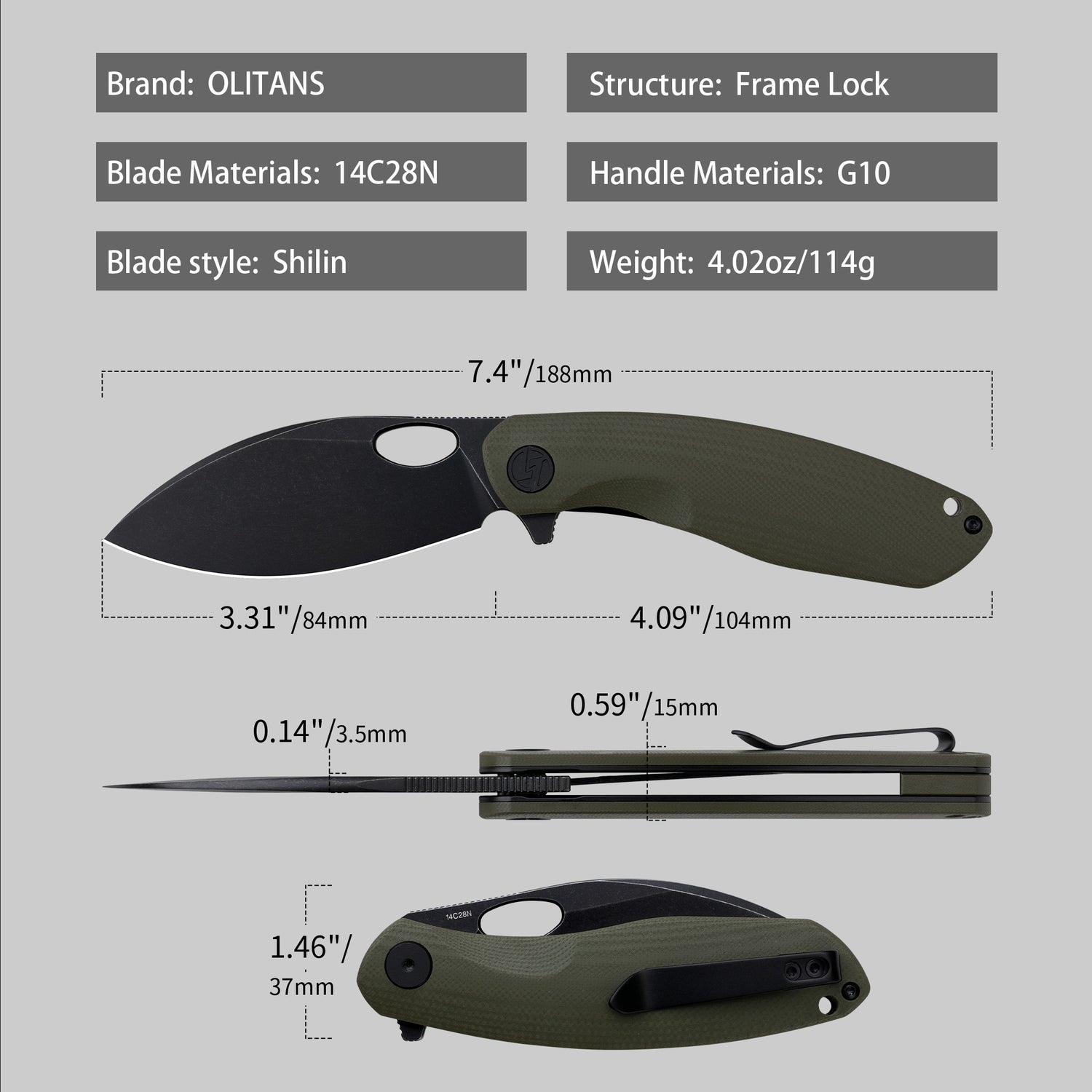 Knife measurement diagram – Army Green + black