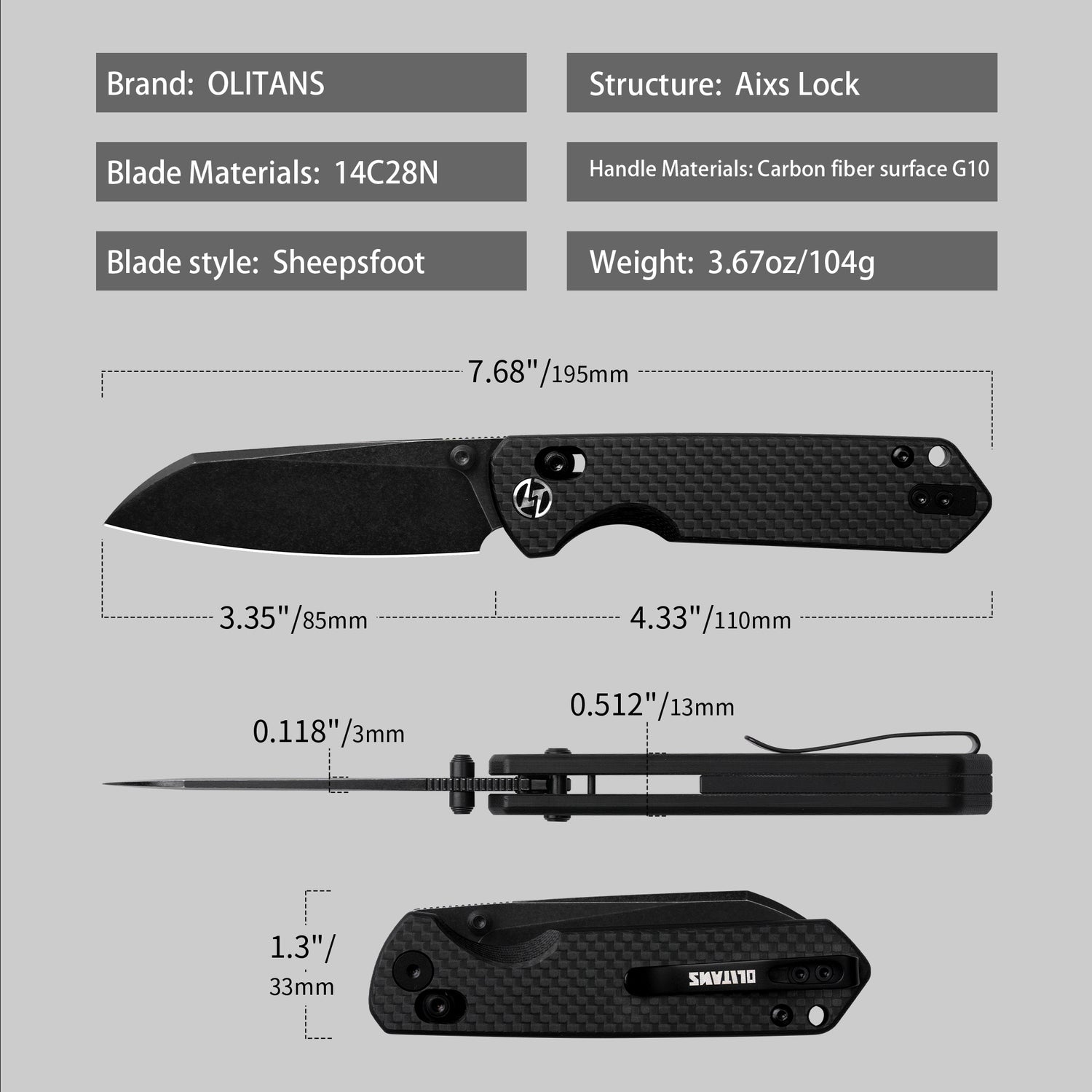 King Penguin G062 Folding Knife (3.35''+14C28N+Carbon fiber surface G10 Handle)-Crossbar Lock-Thumb Stud-Olitans