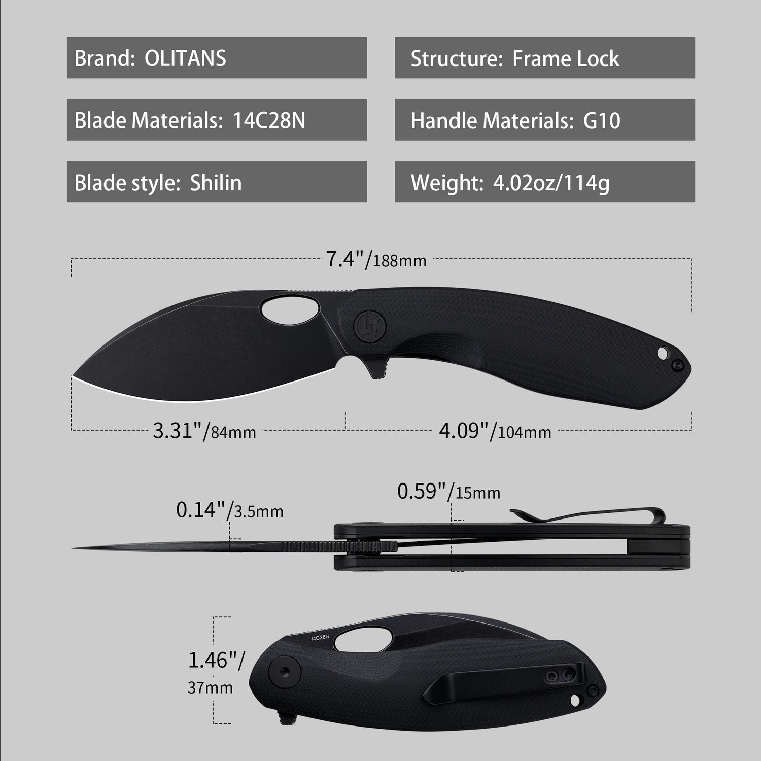 G064 black handle and black blade – size chart