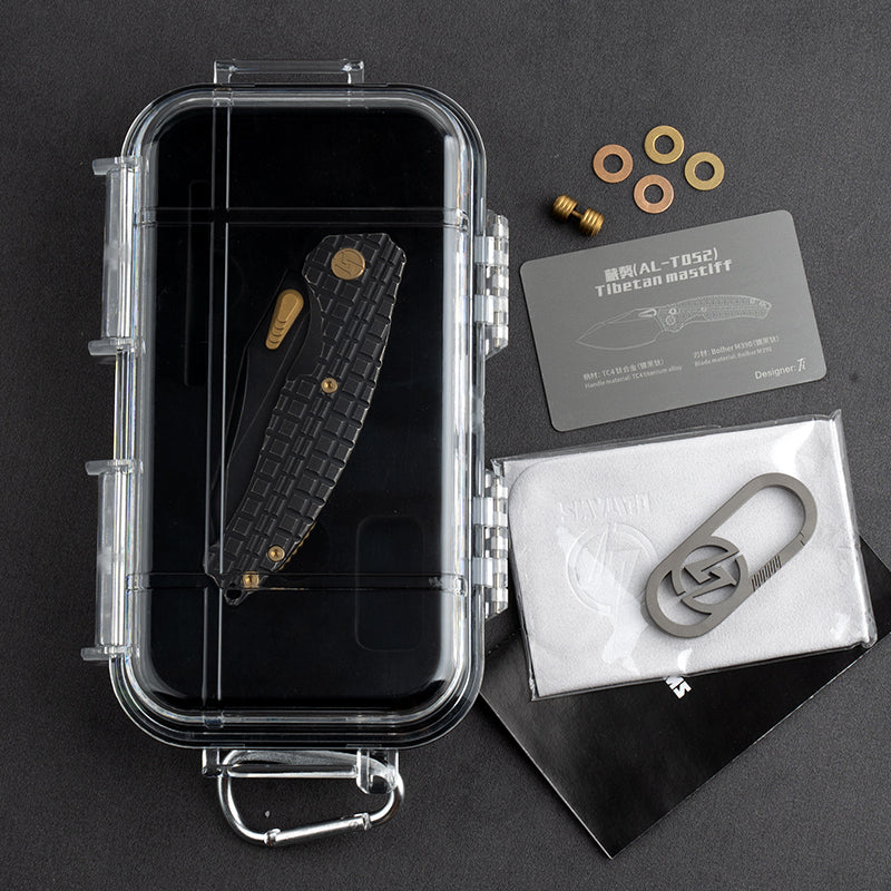 T052-Folding Knife 3.54'' Bohler M390 Blade + Titanium Handle - Crossbar Lock - Thumb Stud