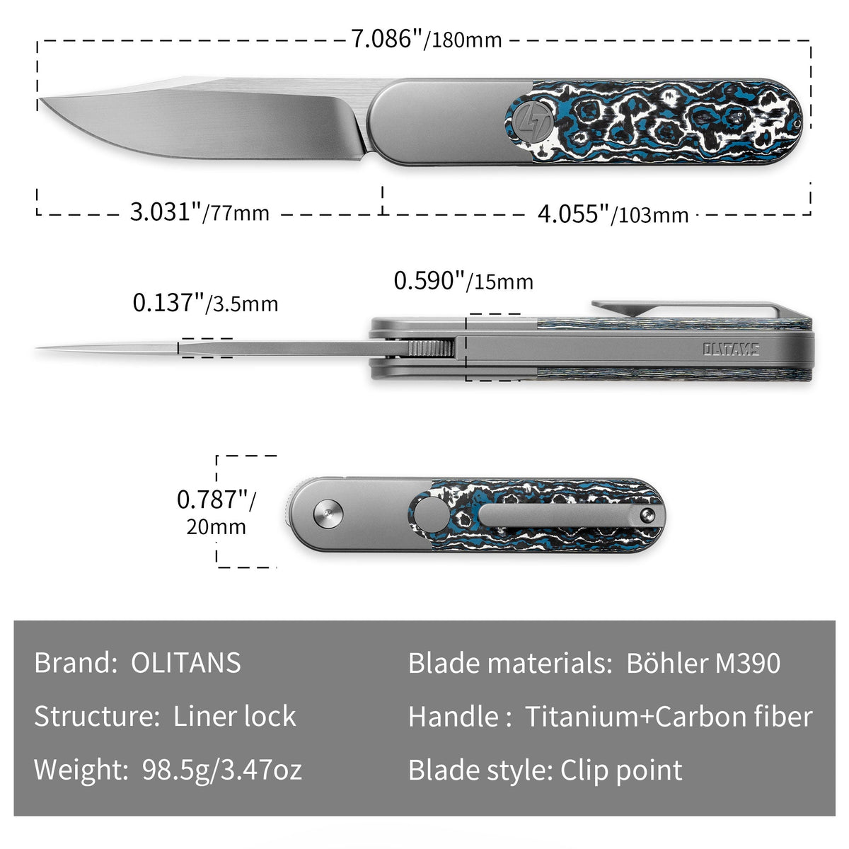 Rocket XL T081 (3.07''+M390+Blue Carbon Fiber)-Liner Lock-Front Flipper