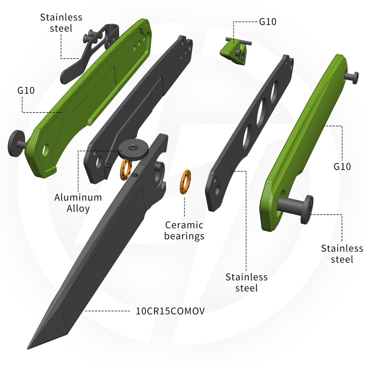 Stealth II G084 (3.22''+10Cr15MoV+Neon Green G10+PVD)