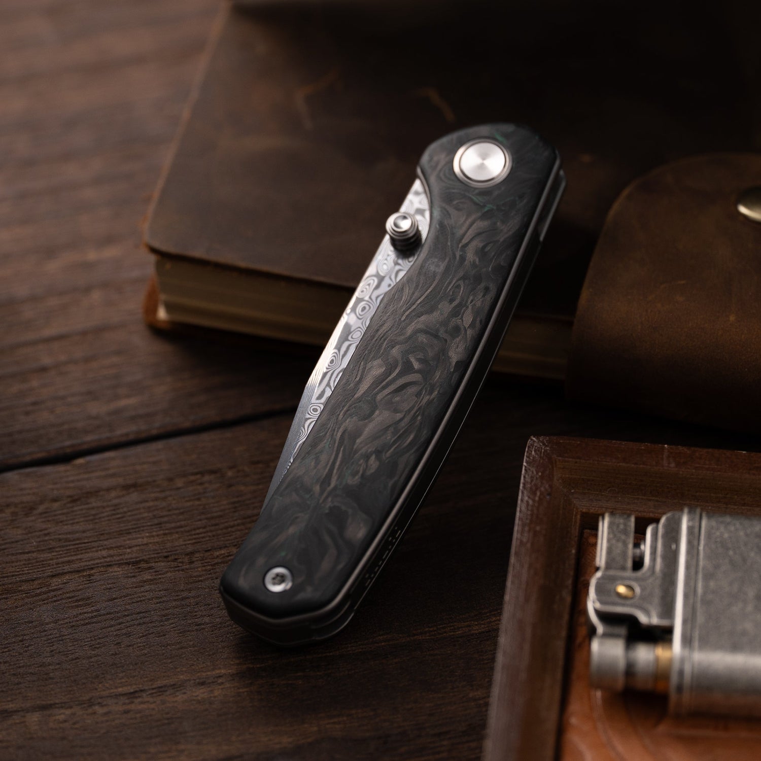 M070-DS Folding Knife(3.07''+Damascus+Carbon fibre)-Liner Lock-thumb stud-OLITANS