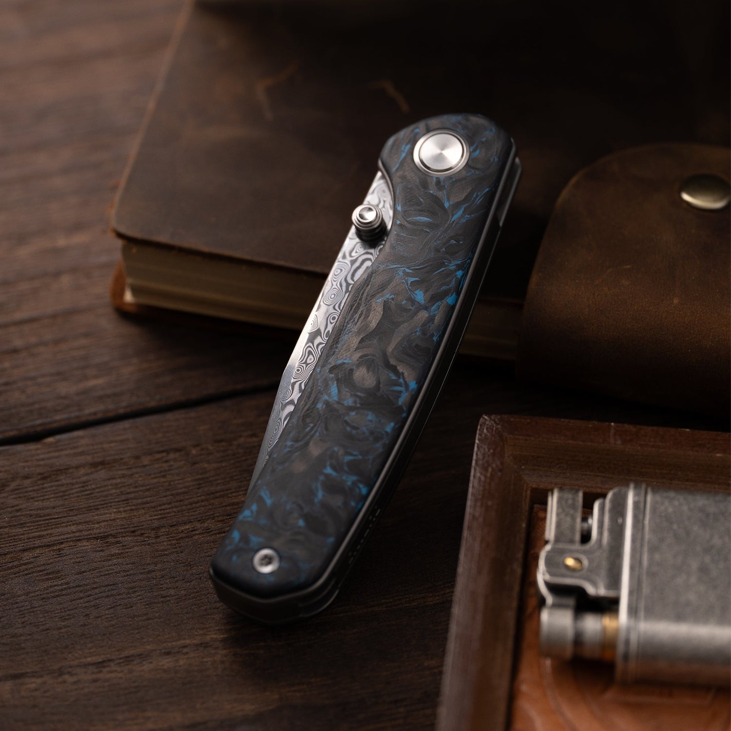 M070-DS Folding Knife(3.07''+Damascus+Carbon fibre)-Liner Lock-thumb stud-OLITANS