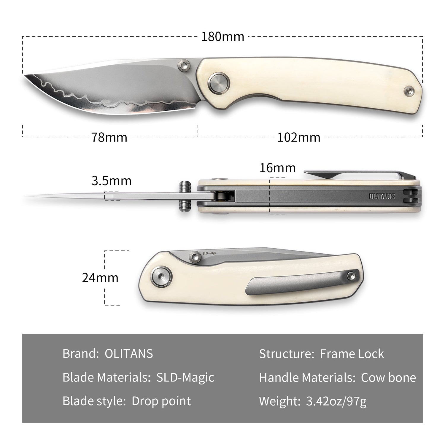 M070-SLD Folding Knife(3.07''+SLD Magic+Cow bone)-Liner Lock-thumb stud-OLITANS
