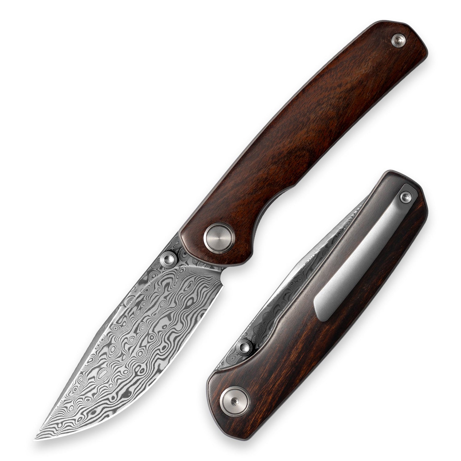 M070-DS Folding Knife(3.07''+Damascus+Wood)-Liner Lock-thumb stud-OLITANS