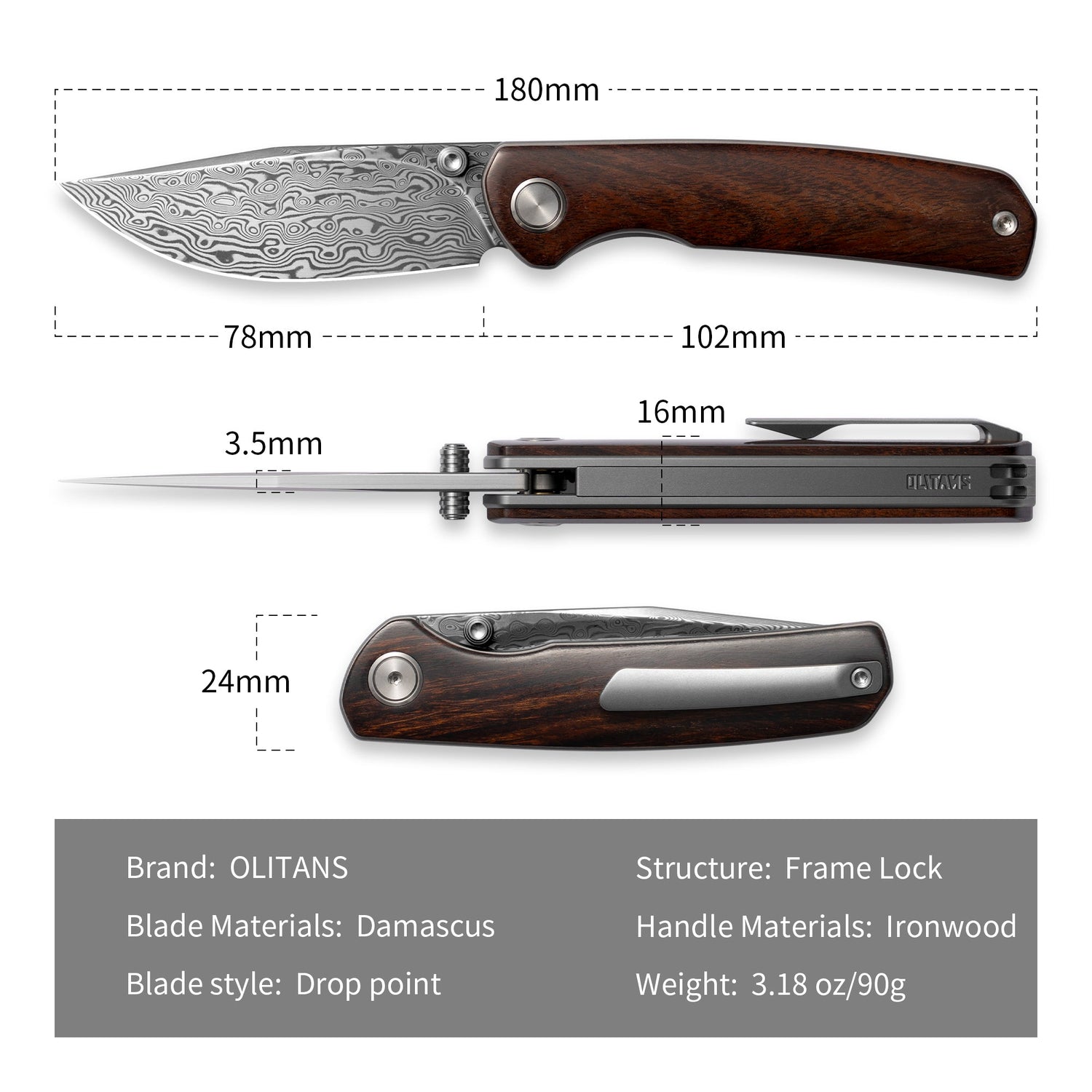 M070-DS Folding Knife(3.07''+Damascus+Wood)-Liner Lock-thumb stud-OLITANS