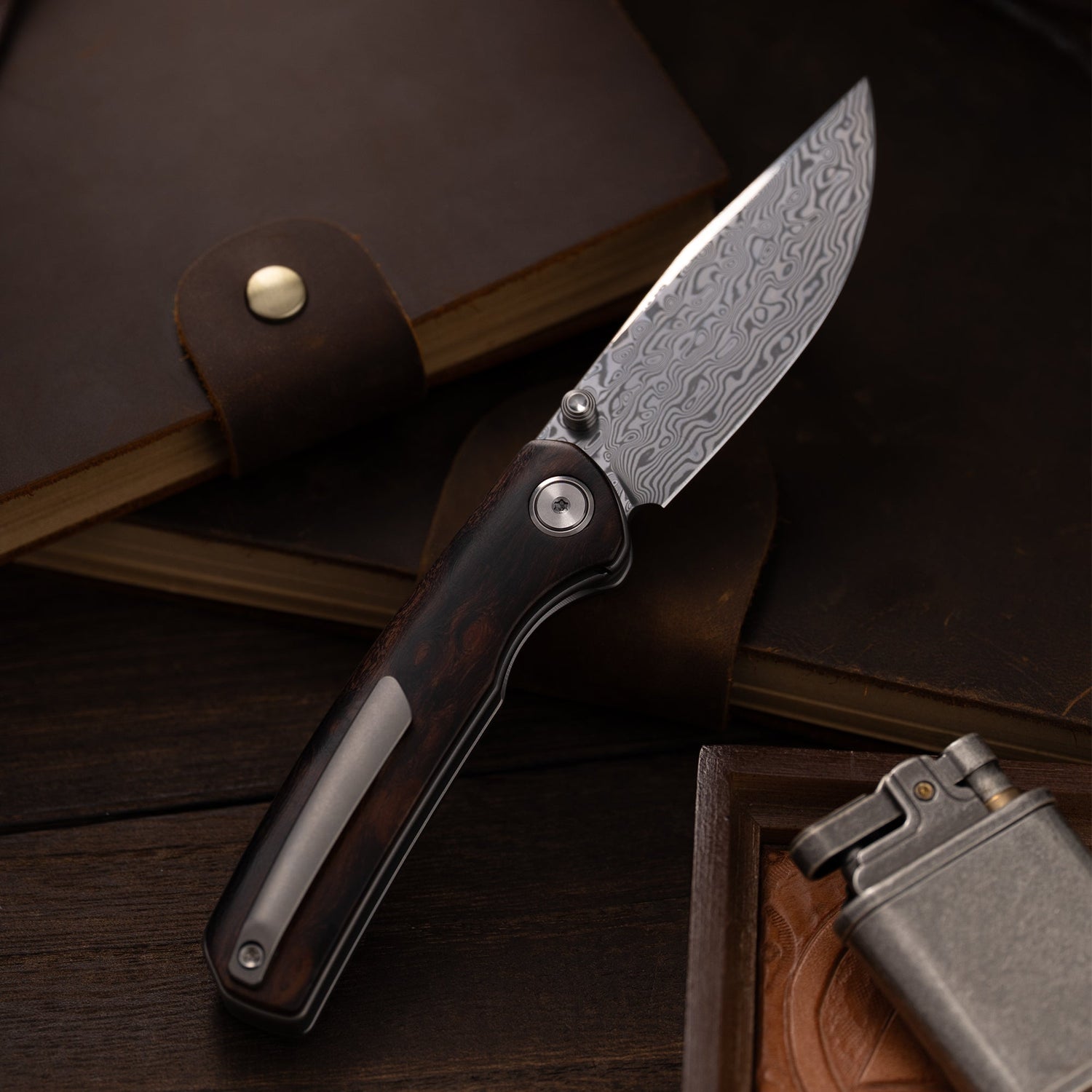 M070-DS Folding Knife(3.07''+Damascus+Wood)-Liner Lock-thumb stud-OLITANS