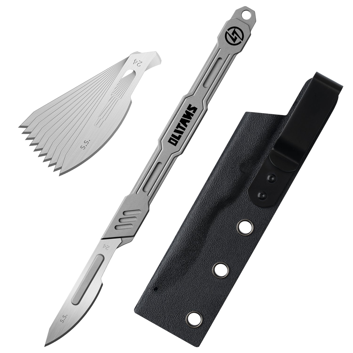 T020 Scalpel knife, 5.7'' Titanium scalpel handle, with 10pcs #24 Blades and Knife sheath, EDC Multi-Tool Craft Knives for Box Opening, Paper Cutting