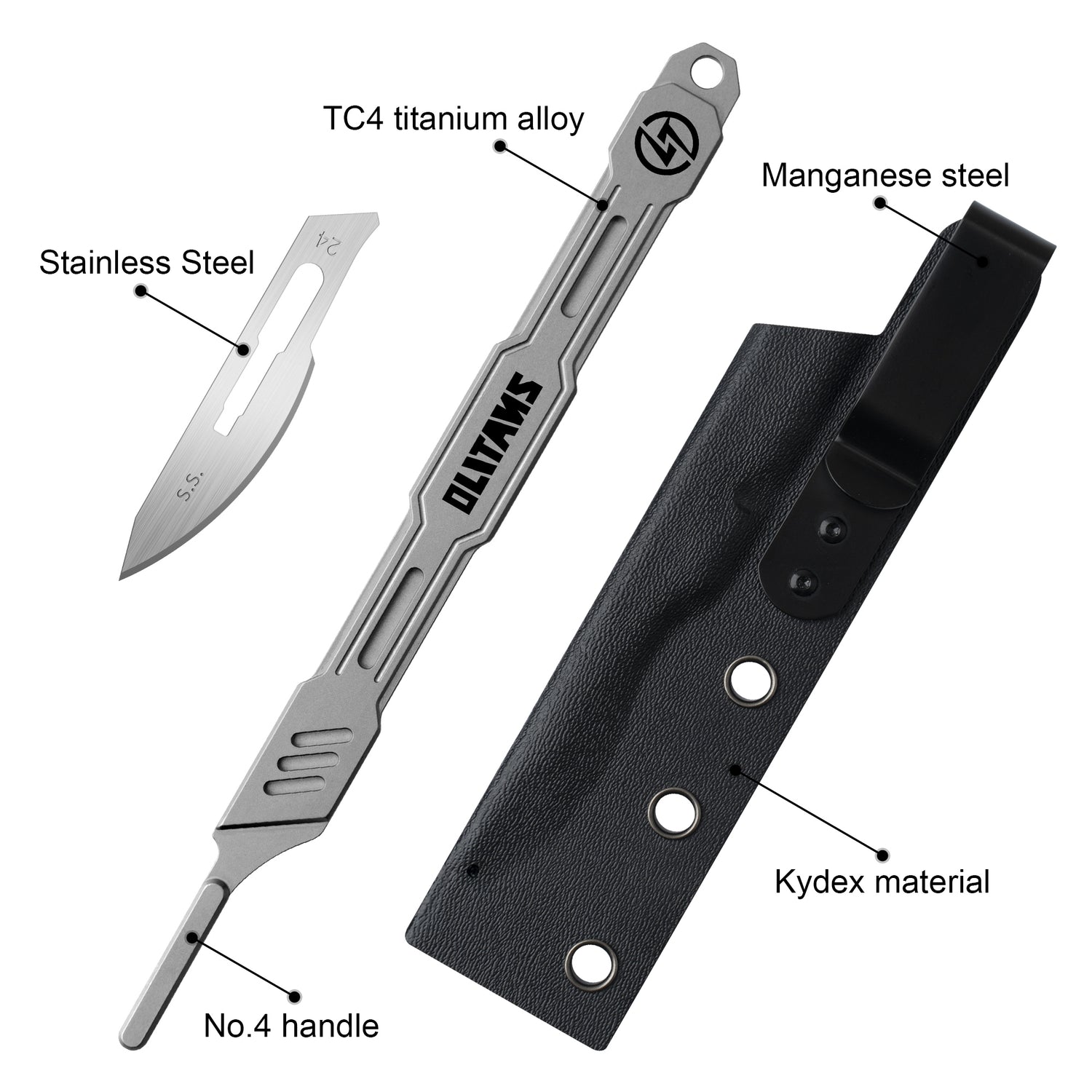 T020 Scalpel knife, 5.7'' Titanium scalpel handle, with 10pcs #24 Blades and Knife sheath, EDC Multi-Tool Craft Knives for Box Opening, Paper Cutting