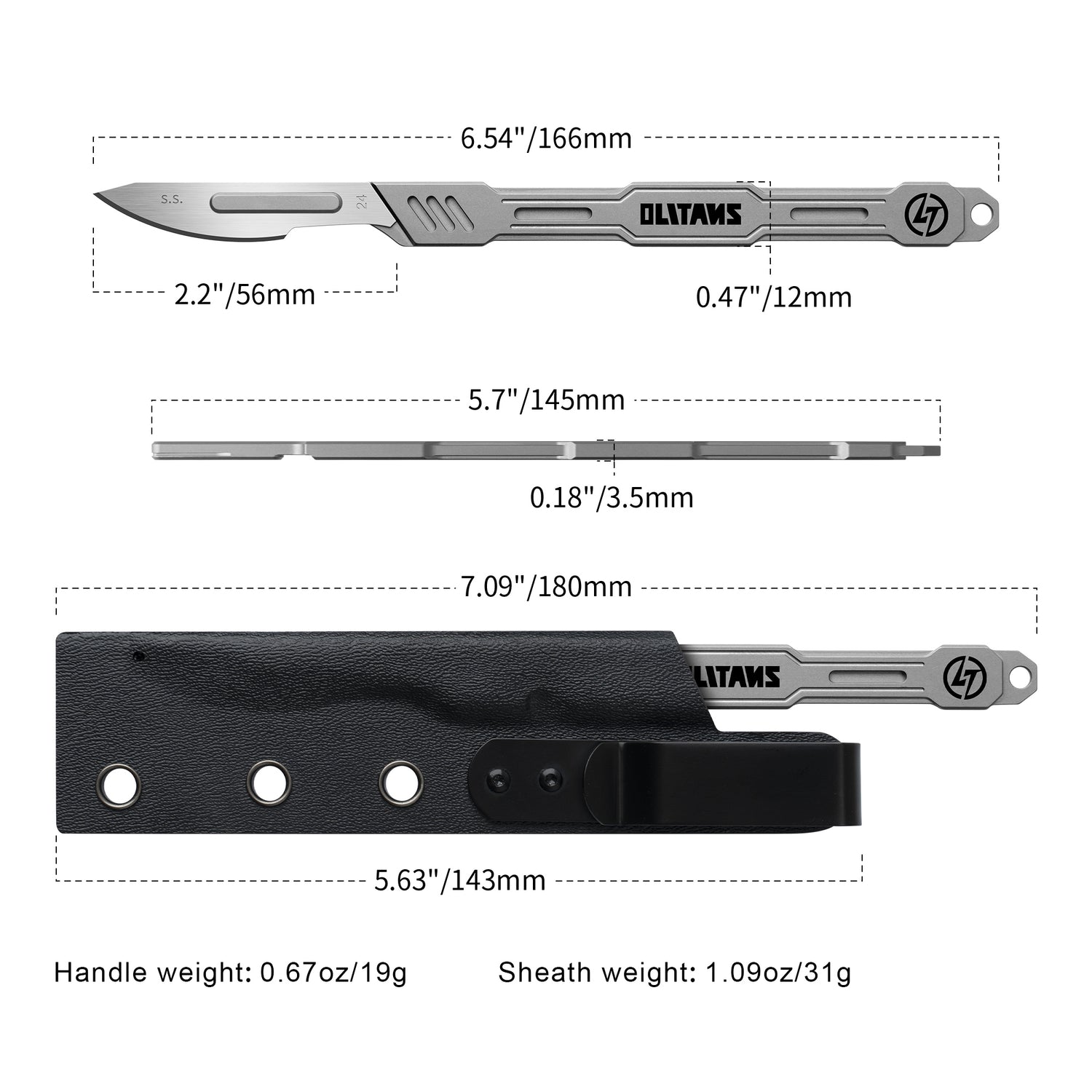 T020 Scalpel knife, 5.7'' Titanium scalpel handle, with 10pcs #24 Blades and Knife sheath, EDC Multi-Tool Craft Knives for Box Opening, Paper Cutting