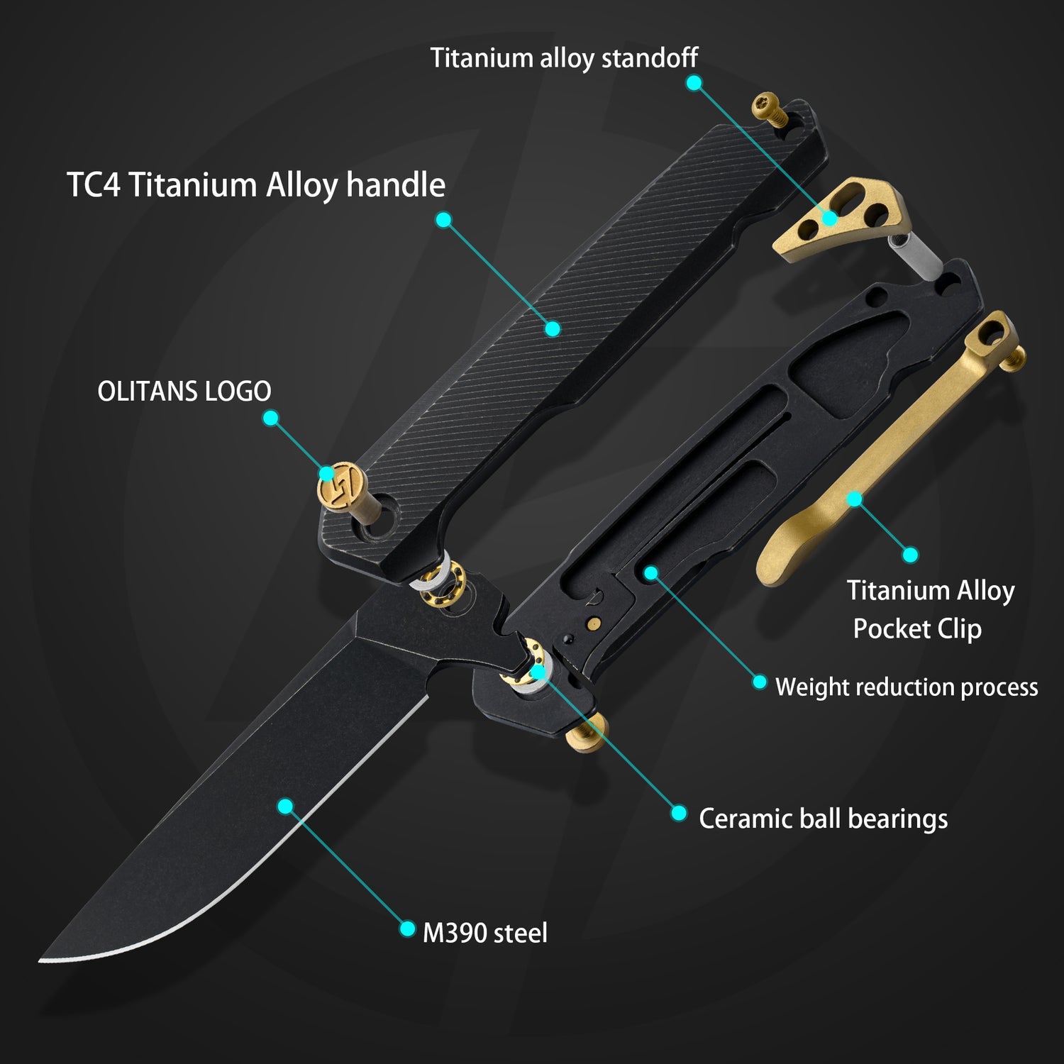 T041 Pocket Knife 2.6'' M390 Blade + Titainium Handle - Frame Lock - Flipper