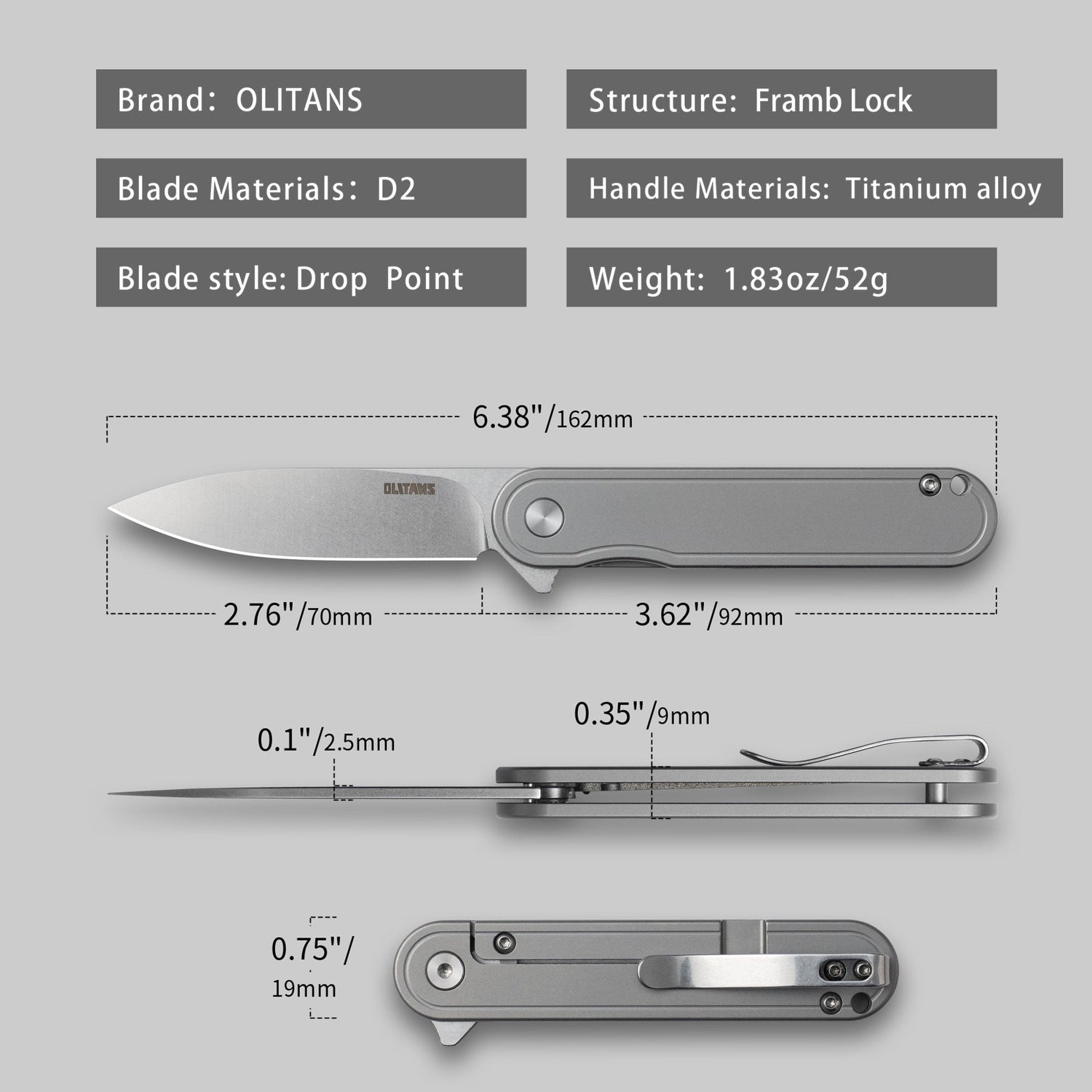 Rocket T025 Pocket Knife(2.76''+D2 Blade+Titanium)Frame Lock-Flipper