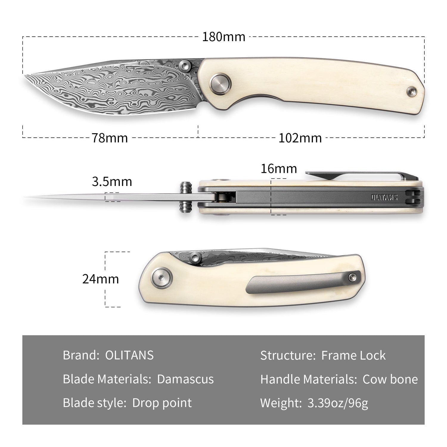M070-DS Folding Knife(3.07''+Damascus+Cow bone)-Liner Lock-thumb stud-OLITANS