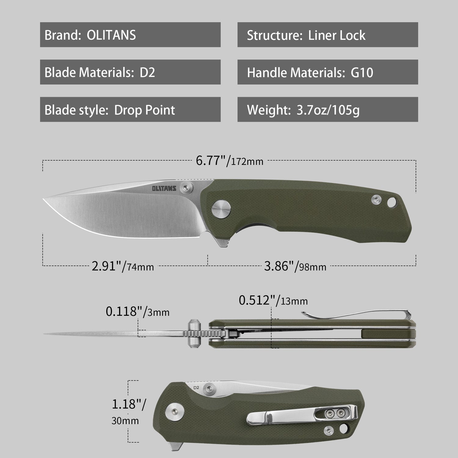 Bomber G061 Folding Knife ( 2.91''+D2+G10 )- Liner LOCK-THUMB STUD-OLITANS