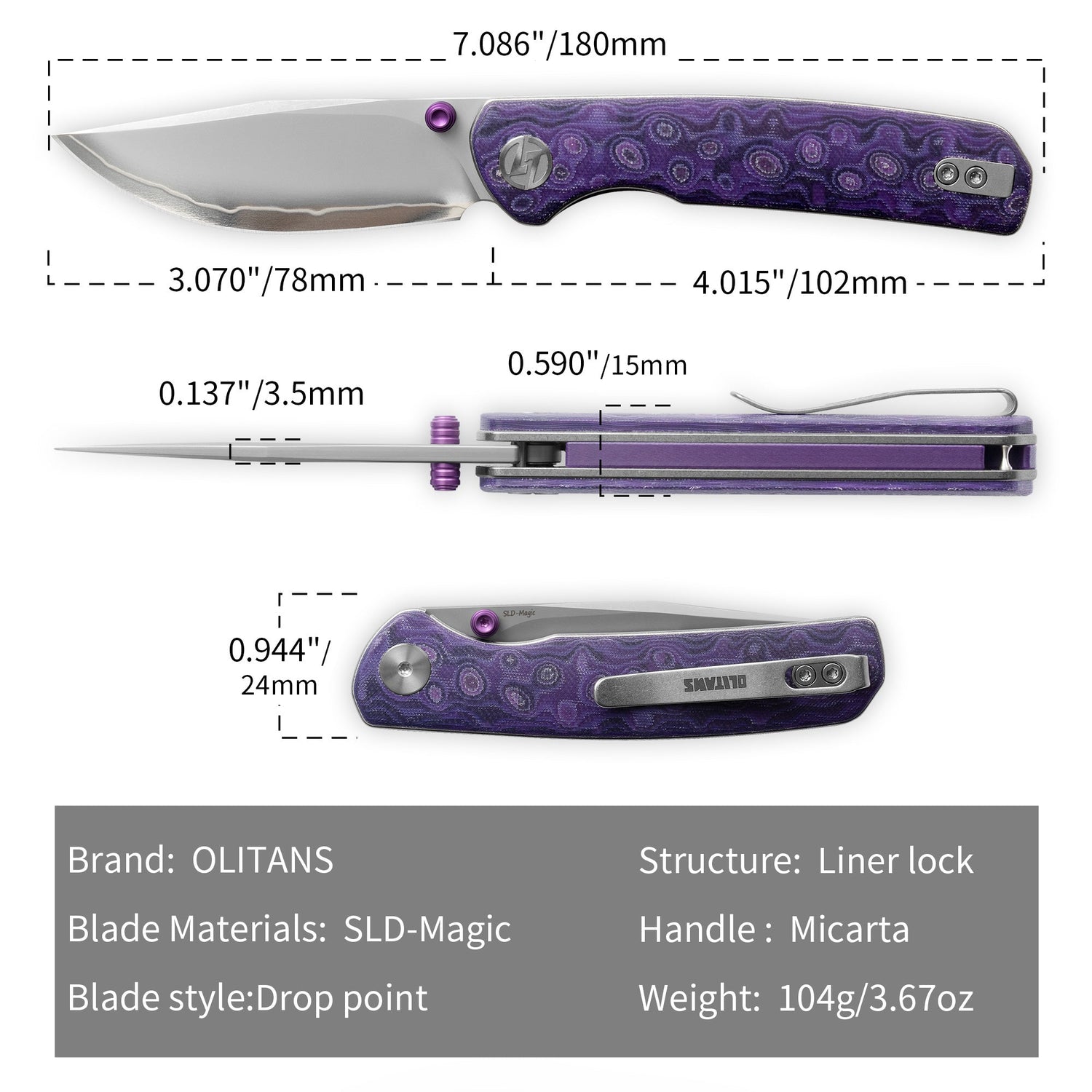 Gecko SE G080 (3.07''+SLD Magic+Purple Micarta)-Liner Lock-thumb stud