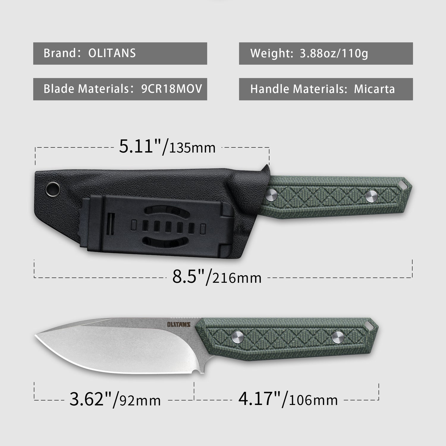 Fixed Blade Knife 3.62'' 9Cr18Mov BLADE+G10/Micarta HANDLE- G043