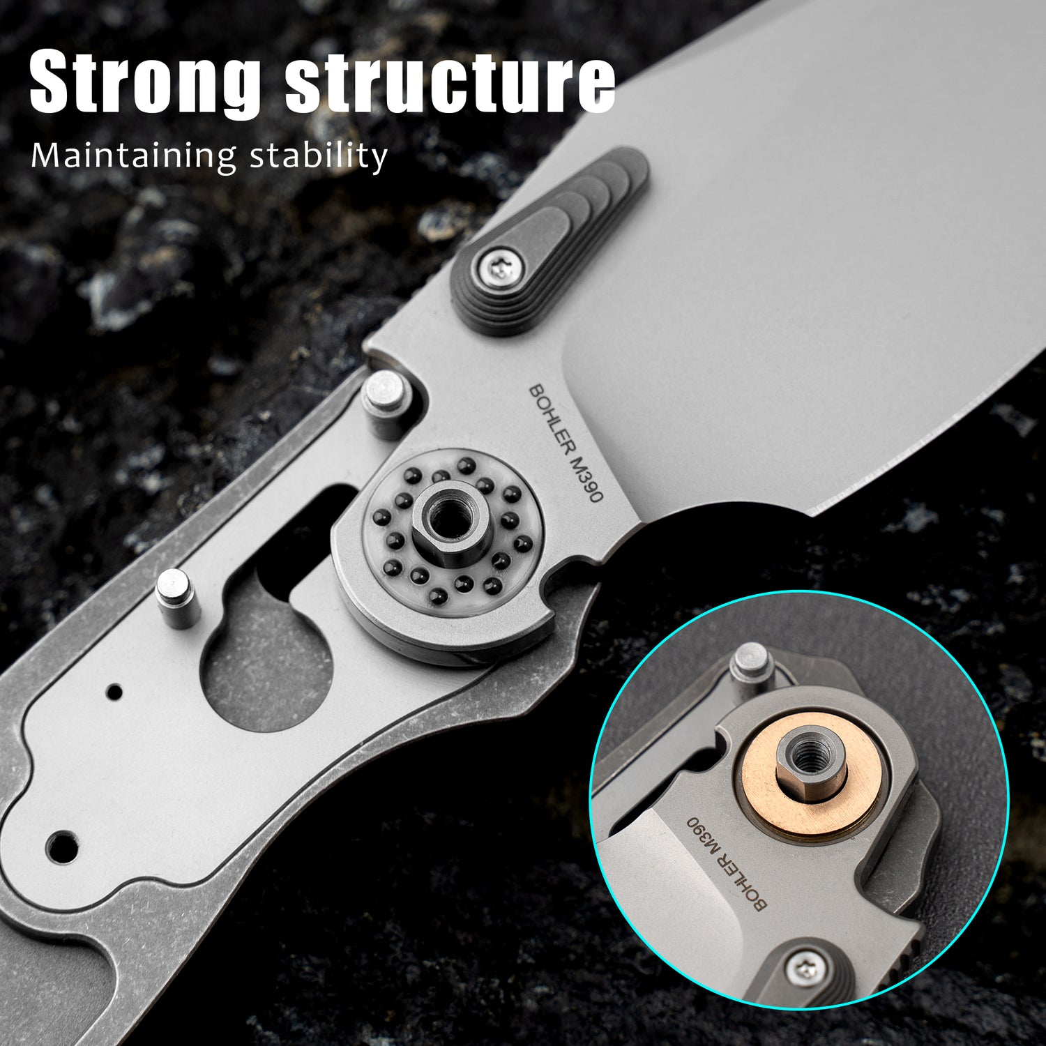 T052-Folding Knife 3.54'' Bohler M390 Blade + Titanium Handle - Crossbar Lock - Thumb Stud