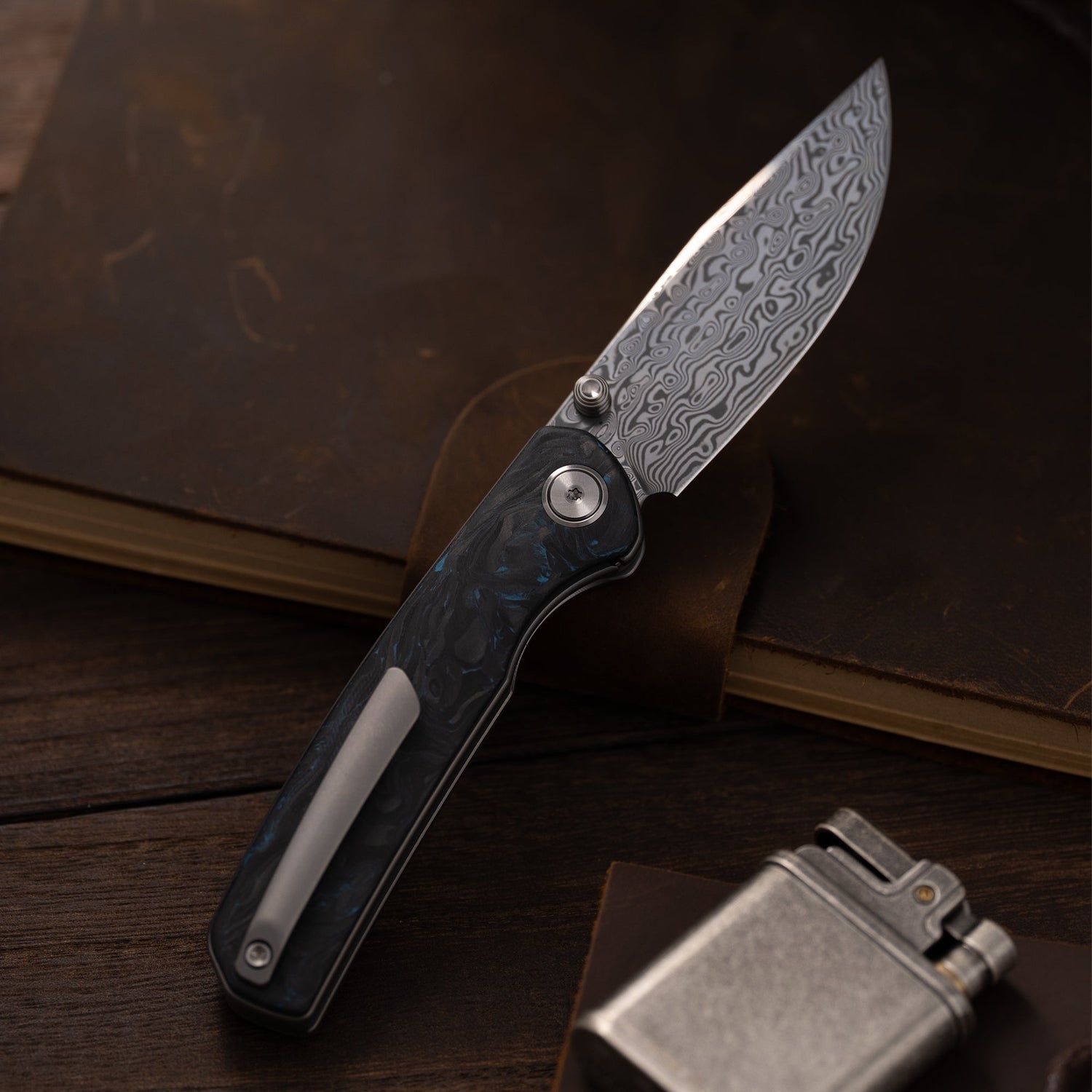 M070-DS Folding Knife(3.07''+Damascus+Carbon fibre)-Liner Lock-thumb stud-OLITANS