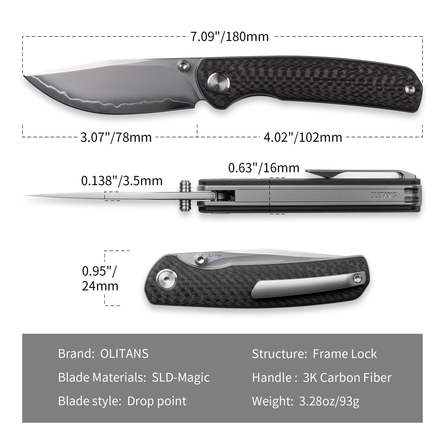 Gecko M070 (3.07''+SLD Magic+Carbon fibre)-Liner Lock-thumb stud
