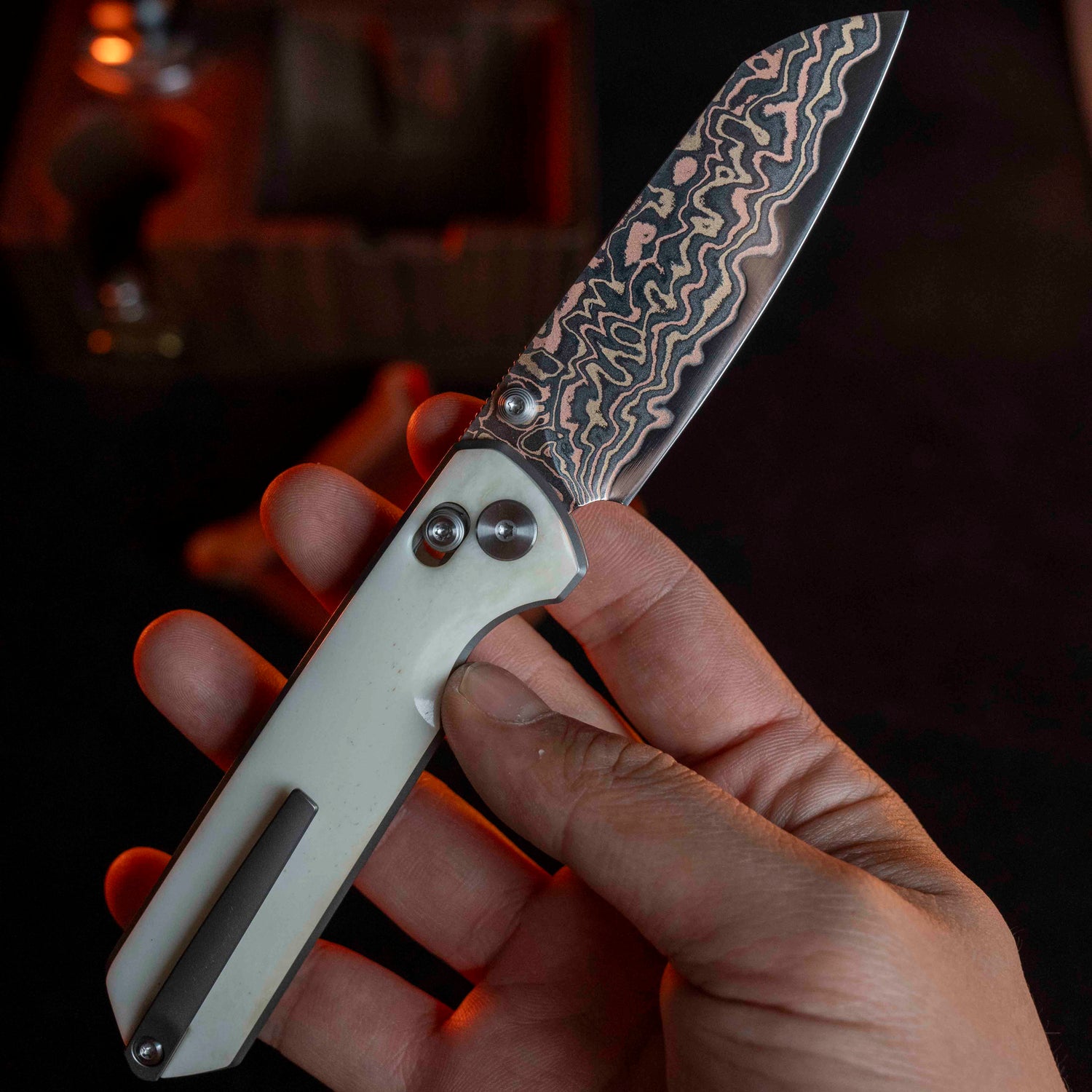 Imperial Penguin M060(3.35''+Damascus Steel & Copper+Red Copper)-Axis lock-thumb stud