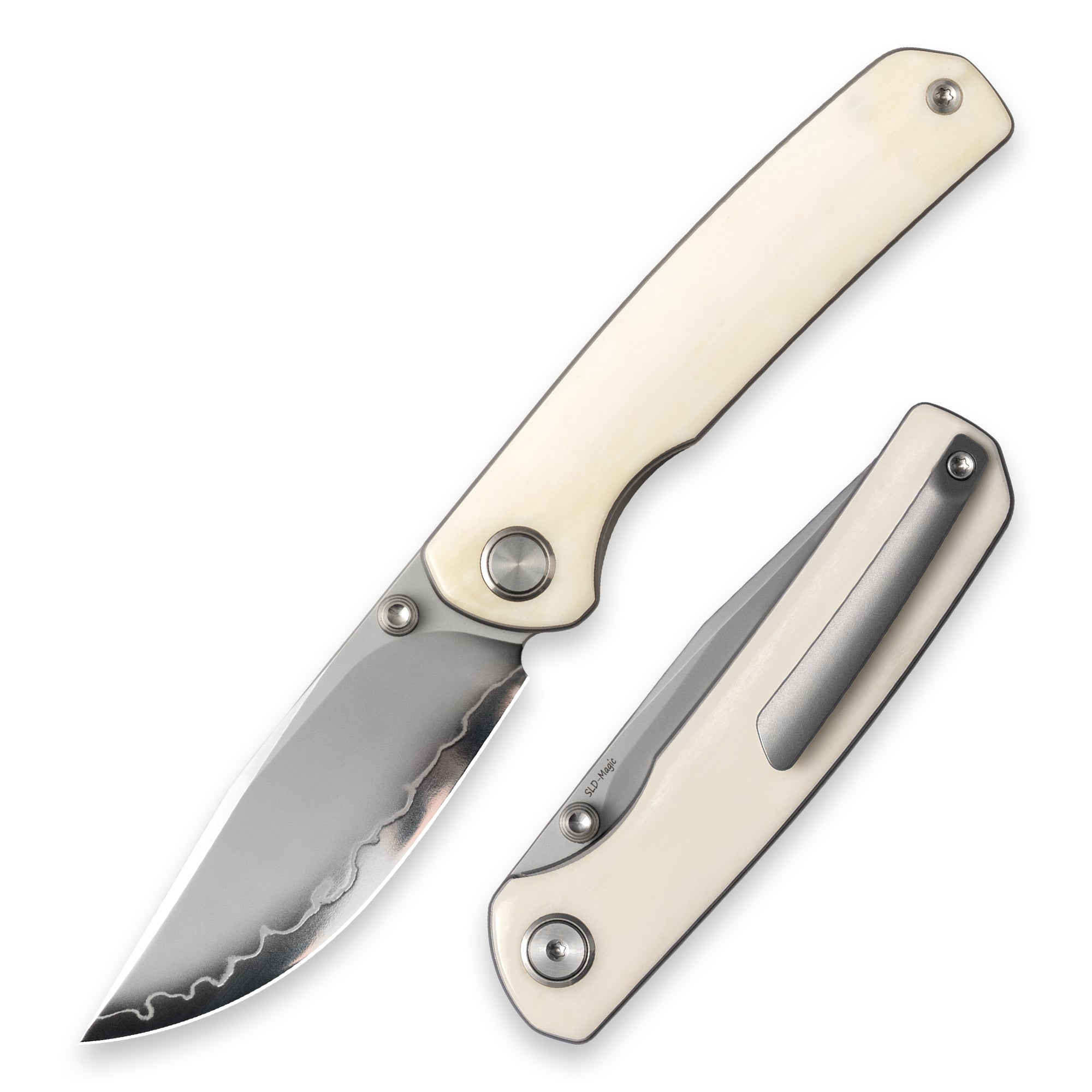 M070-SLD Folding Knife(3.07''+SLD Magic+Cow bone)-Liner Lock-thumb stu ...