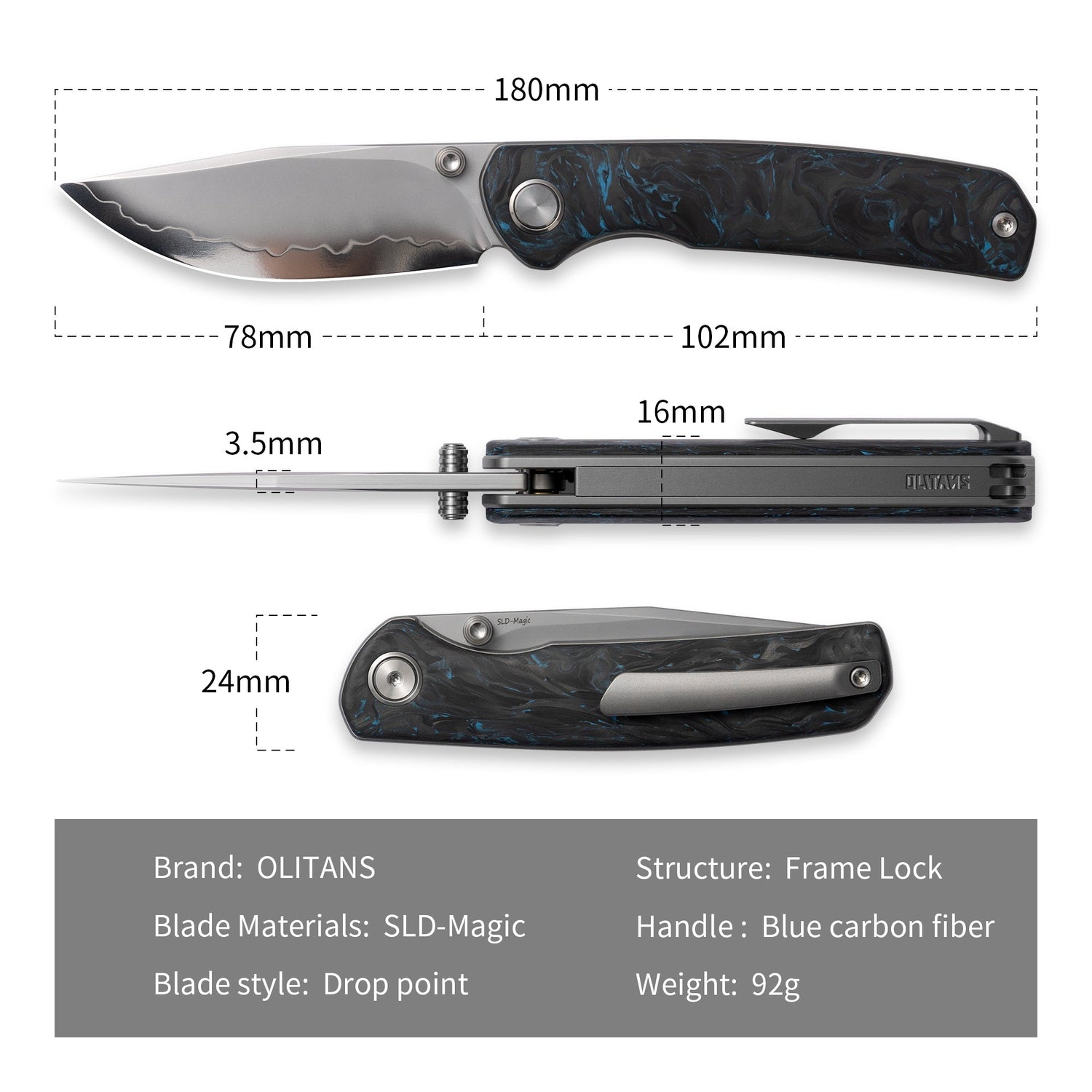 M070-SLD Folding Knife(3.07''+SLD Magic+Carbon fibre)-Liner Lock-thumb stud-OLITANS