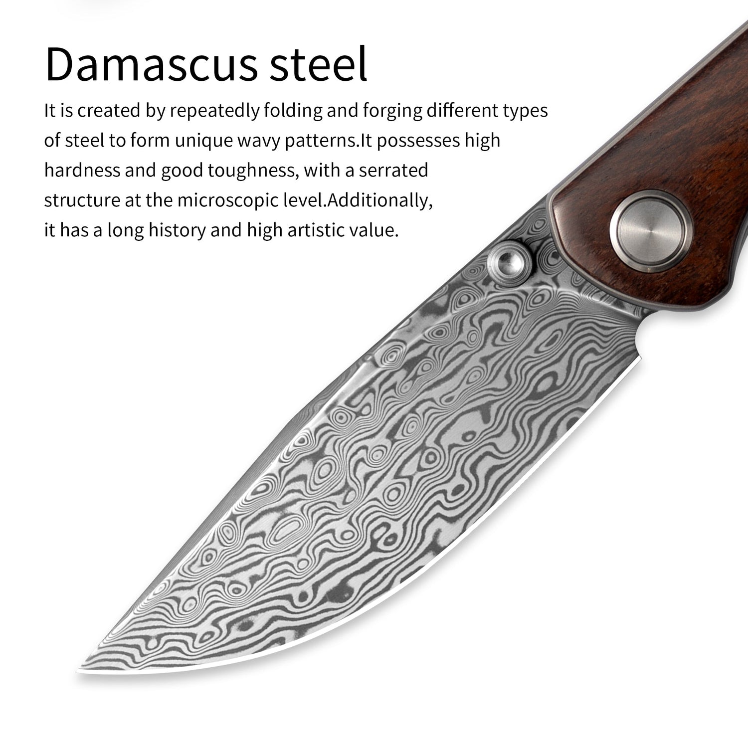 M070-DS Folding Knife(3.07''+Damascus+Wood)-Liner Lock-thumb stud-OLITANS
