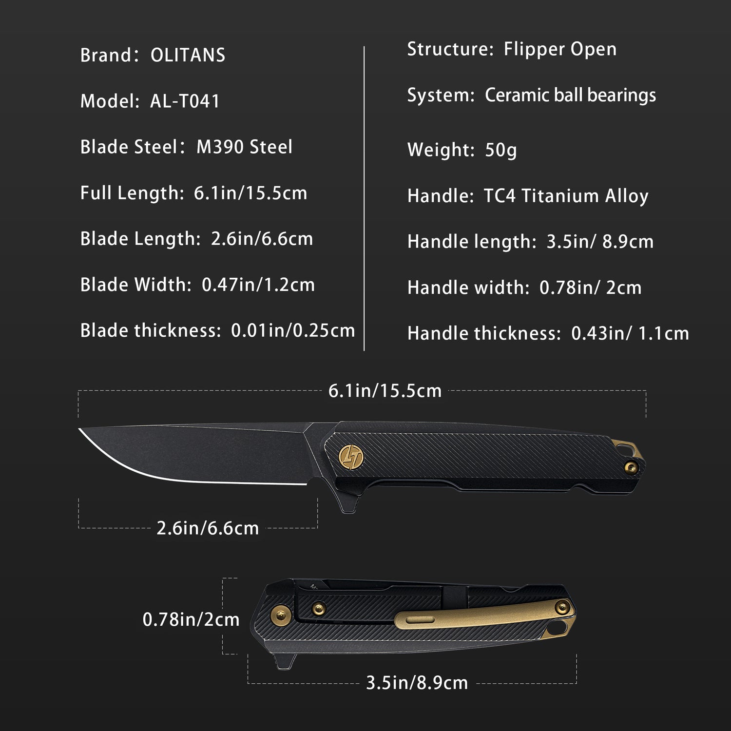 T041 Pocket Knife 2.6'' M390 Blade + Titainium Handle - Frame Lock - Flipper